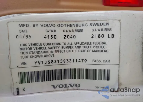 1995 Volvo 940 z USA, uszkodzony, nr VIN YV1JS8315S3211479